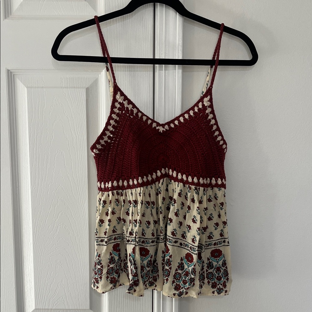 Women's boho Burgundy and Cream Crochet Top